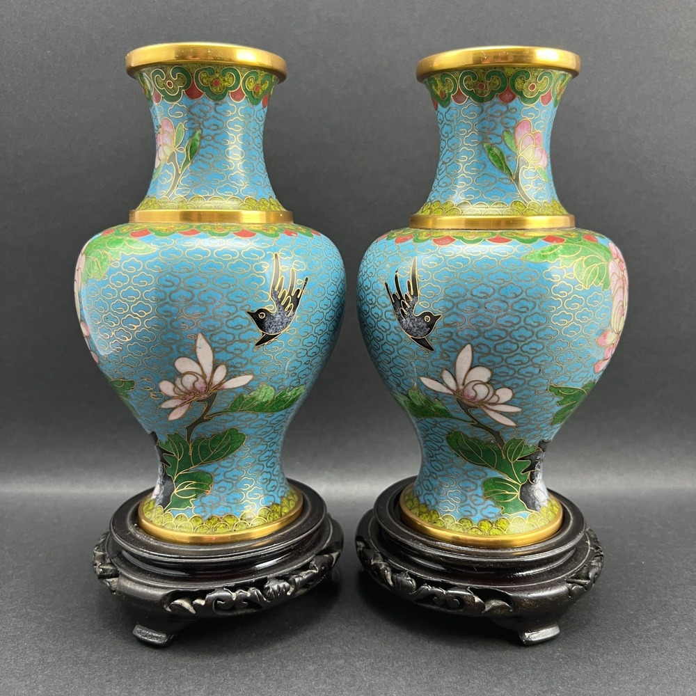 Vintage Cloisonne Vases Blue Bird Lotus Flower Wood Stands Pair 6"